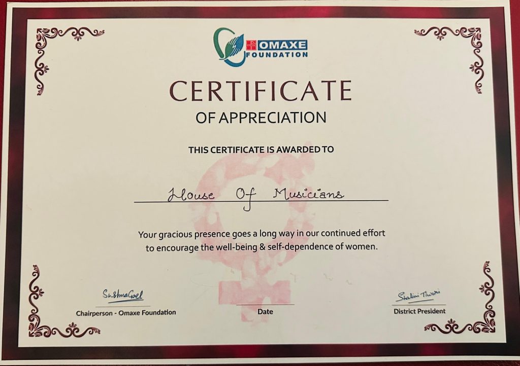 omaxe foundation lucknow certificate of appreciation for house of musicians 